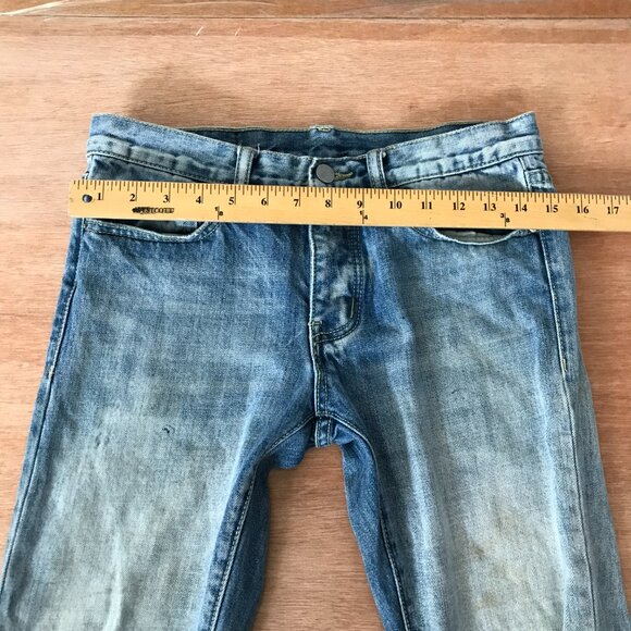 MNML Jeans Men 28x30 Blue Low Rise Distressed Button Fly Ankle Zip Medium Wash - Picture 9 of 13